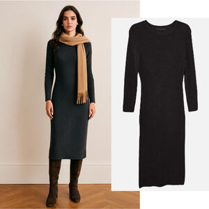 Jenni Kayne XS Wool $450 Sweater Dress Long Sleeve Ribbed Midi Charcoal Gray